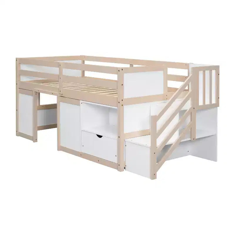 Lit mezzanine bas une place en bois massif, 94,6 L x 42,3 l, avec escalier, tiroir et étagère, design moderne et épuré