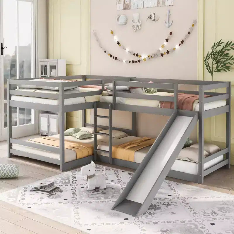 L-vormig stapelbed voor 4 kinderen, vierpersoons stapelbed met glijbaan, houten stapelbedframe met full- en twinbed voor slaapkamer of slaapzaal