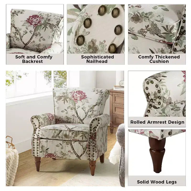 Fauteuil traditionnel Araceli en bois, rembourré à motif floral, avec dossier à oreilles et bordure cloutée| ART OF LIVING DESIGNS
