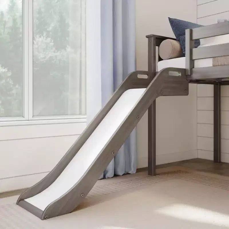 Niedriges Twin-Hochbett für Kinder mit Rutsche und Treppe, Massivholz, 14 Absturzsicherungen, Tragfähigkeit 400 lb