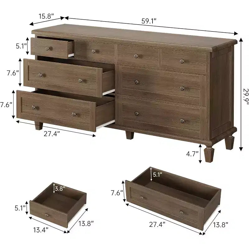Ladekast met 8 laden voor de slaapkamer, vintage ladekast van 59 inch en tv-meubel met gebeeldhouwde handgrepen en taps toelopende poten, houten ladekast met ruime opbergruimte