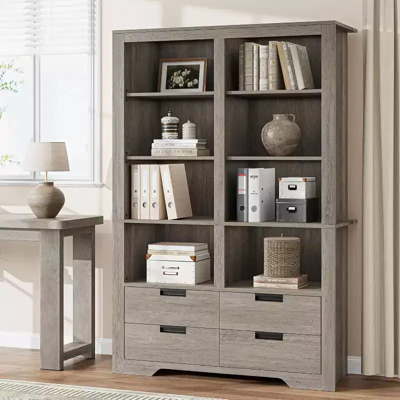 Bibliothèque haute de 72 pouces avec 4 tiroirs, bibliothèque de rangement autoportante de style maison de campagne pour chambre, salon et bureau à domicile