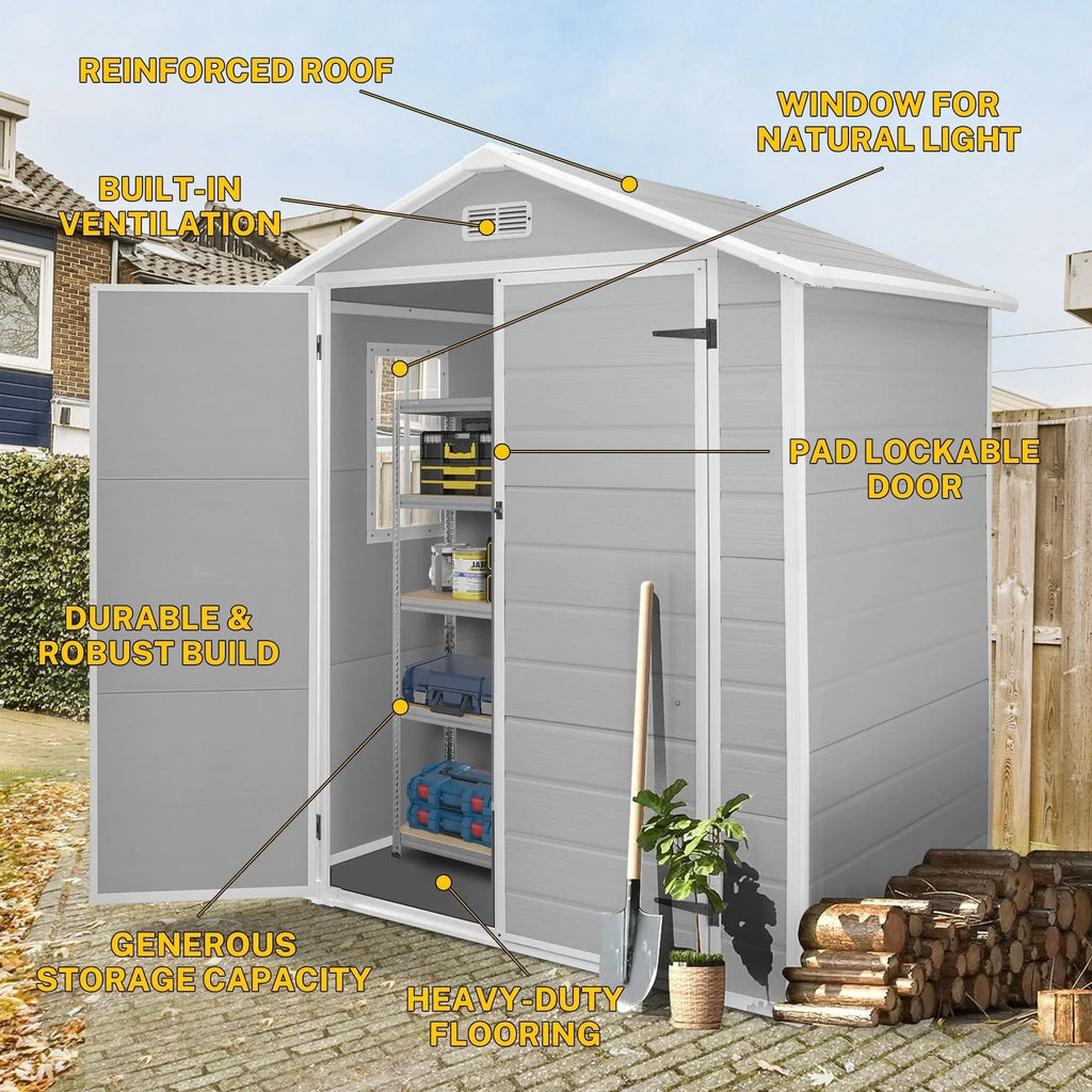 Opslagschuur van 6 ft x 4 ft/6 ft x 8 ft/8 ft x 6 ft/8 ft x 10 ft, weerbestendig kunststofhars voor buiten met vloer, gereedschapsschuur met puntdak