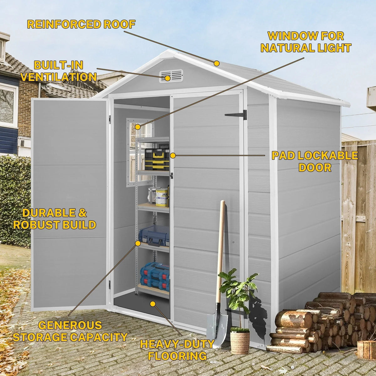 Opslagschuur van 6 ft x 4 ft/6 ft x 8 ft/8 ft x 6 ft/8 ft x 10 ft, weerbestendig kunststofhars voor buiten met vloer, gereedschapsschuur met puntdak