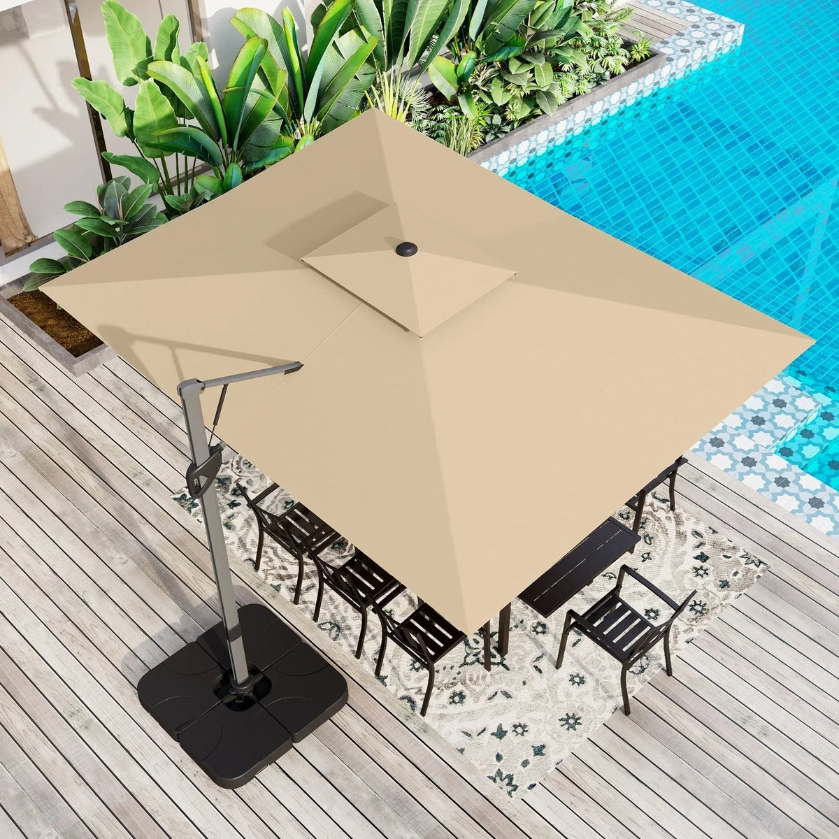 MAISON ARTS Parasol déporté hydraulique automatique de 12 pieds, mât en aluminium, rotation à 360 degrés