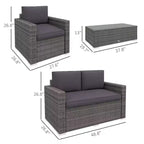 4-teiliges Rattan-Sofaset, Korbsofaset für die Terrasse mit Zweiersofa, Sesseln und Couchtisch mit Glasplatte für Garten und Außenbereich