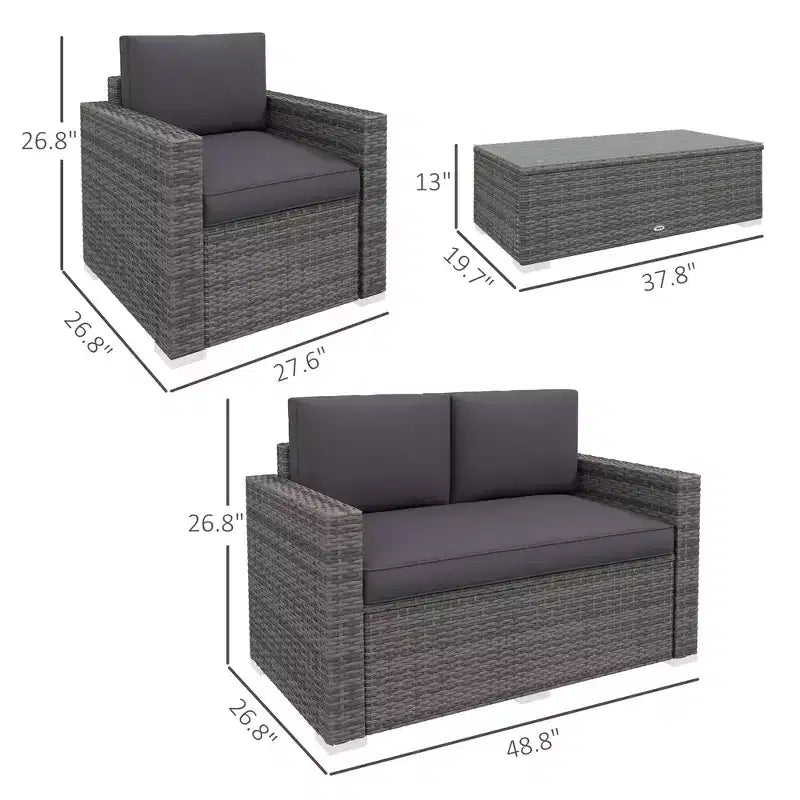 4-teiliges Rattan-Sofaset, Korbsofaset für die Terrasse mit Zweiersofa, Sesseln und Couchtisch mit Glasplatte für Garten und Außenbereich