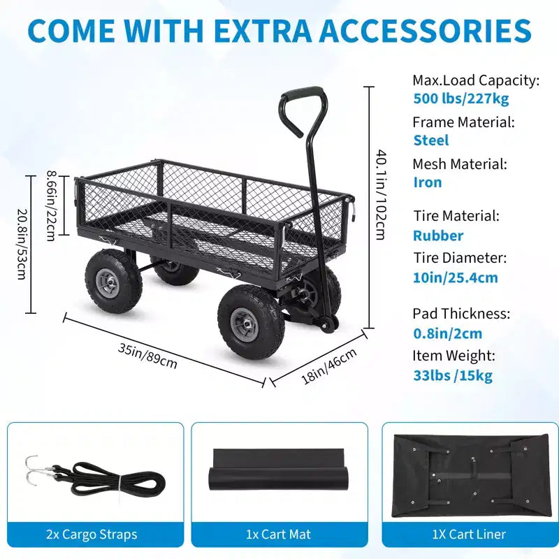 Chariot de jardin en acier robuste, 226,8 kg, chariot utilitaire pliable avec côtés en filet et doublure amovibles, 10 pneus gonflables, poignée de traction