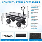 Chariot de jardin en acier robuste, 226,8 kg, chariot utilitaire pliable avec côtés en filet et doublure amovibles, 10 pneus gonflables, poignée de traction