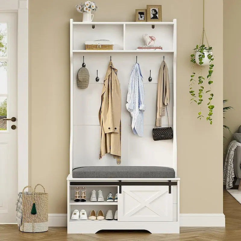 Hall Tree With Bench And Shoe Storage Coat Rack Barn Door