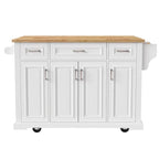 Large Kitchen Island with Wood Drop Leaf, Embossed Texture Rolling Kitchen Cart wDoors and Drawers wStorage for Kitchen, White