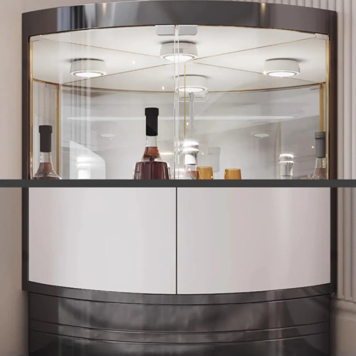 Eckschrank zur Aufbewahrung und Präsentation mit mehreren Ebenen aus Glas und Metall, Weinschrank