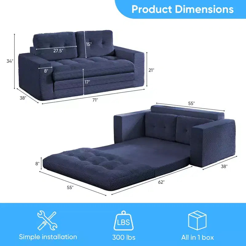 Mjkone 71' 2-in-1 slaapbank, opvouwbare loveseat met geribde stof en knopen, ruimtebesparend