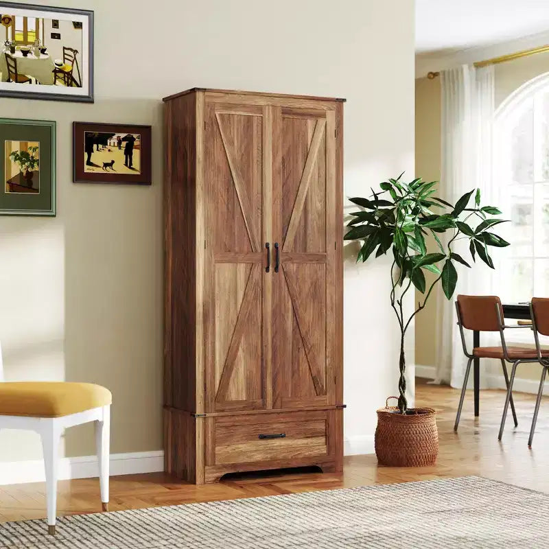 HOMCOM 72 Landhaus-Speisekammernschrank mit Scheunentüren, hoher Küchenschrank mit verstellbaren Einlegeböden und Schublade