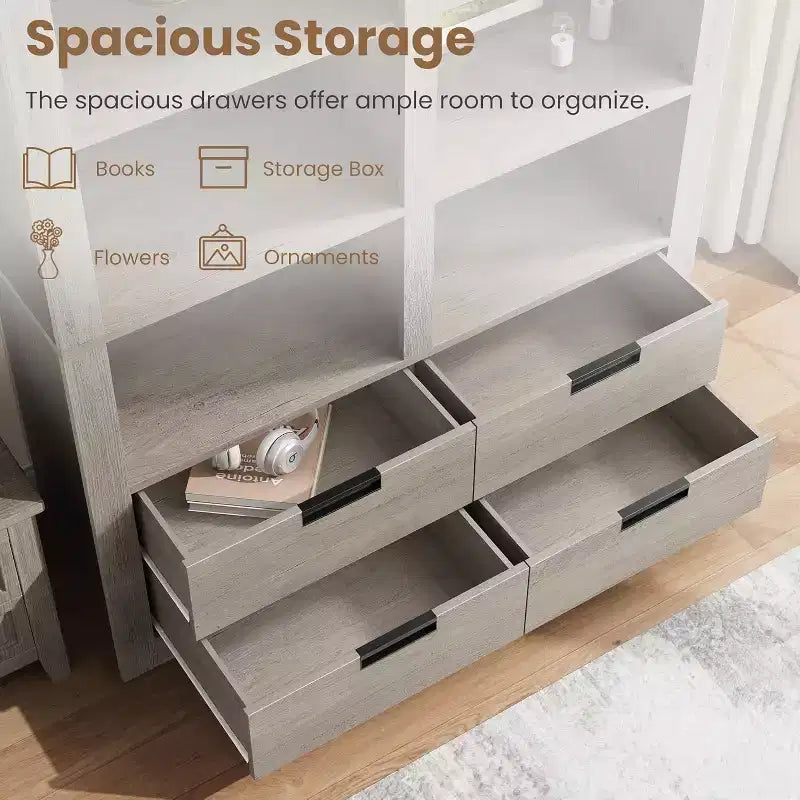 Bibliothèque haute de 72 pouces avec 4 tiroirs, bibliothèque de rangement autoportante de style maison de campagne pour chambre, salon et bureau à domicile
