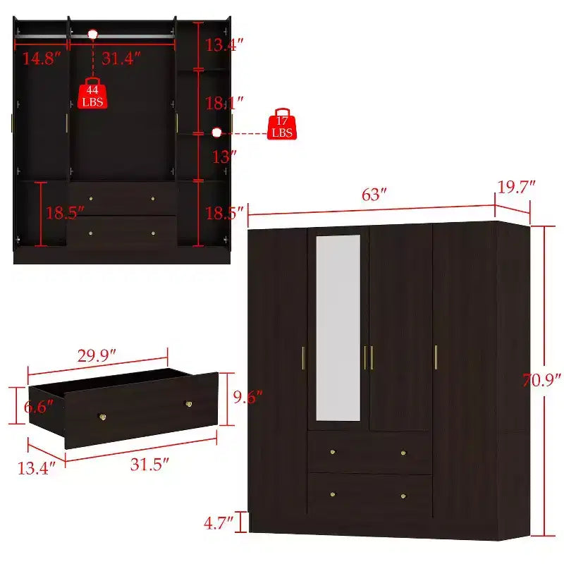 Armoire Hitow avec 2 grands tiroirs, espace central pour vêtements suspendus et miroir, style minimaliste