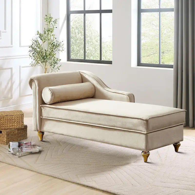 Fauteuil méridienne élégant français en velours avec revêtement rembourré et rangement, avec coussin