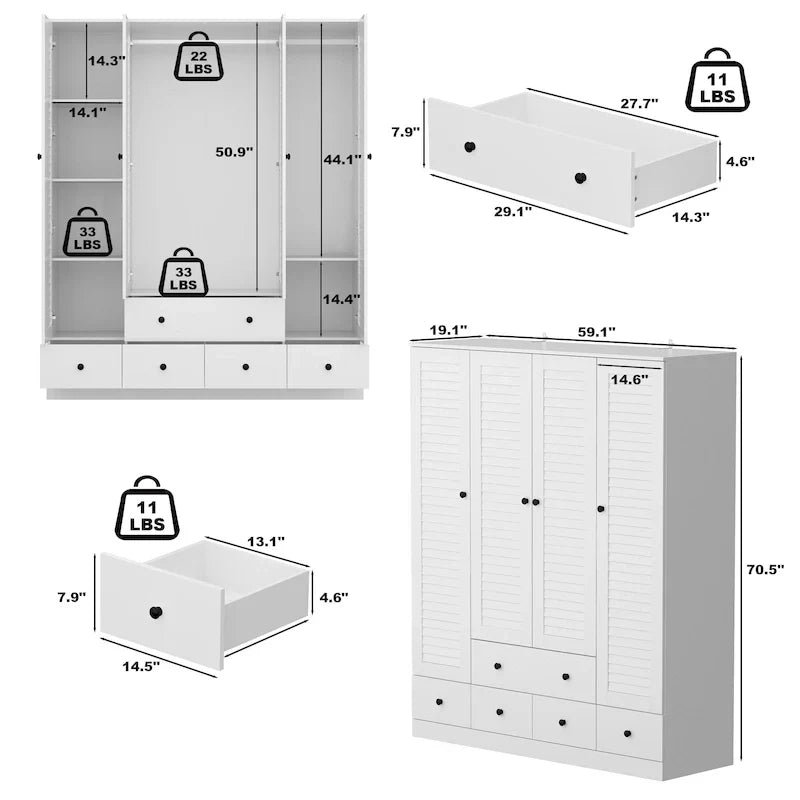 Wardrobe Armoire Closet 59W Large Freestanding Wardrobe Cabinet White