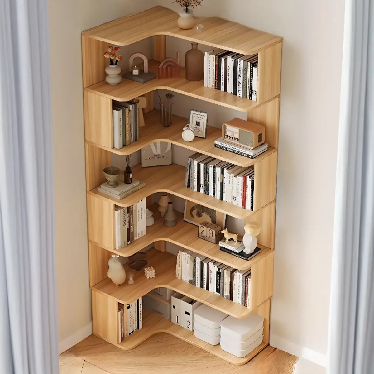 Eckbücherregal aus Holzwerkstoff mit 6 Ablagen