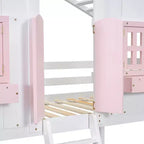 Twin Size House-Shaped Loft Bed, Wood Playhouse Loft Bed with Ladder & Guardrails for Kids