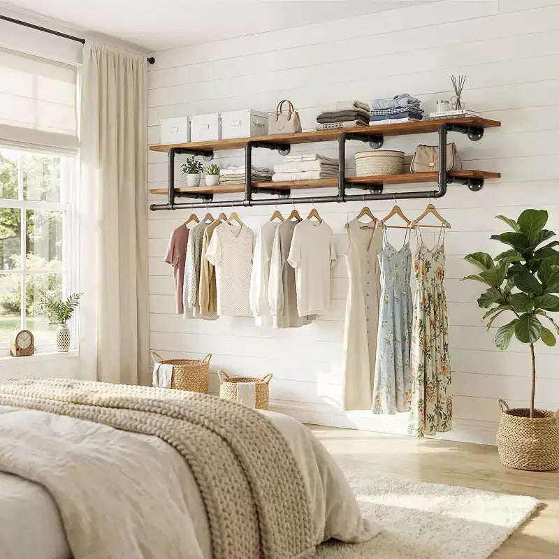 Portant à vêtements Besiost à 2 niveaux avec tringle, étagères à vêtements et étagère supérieure