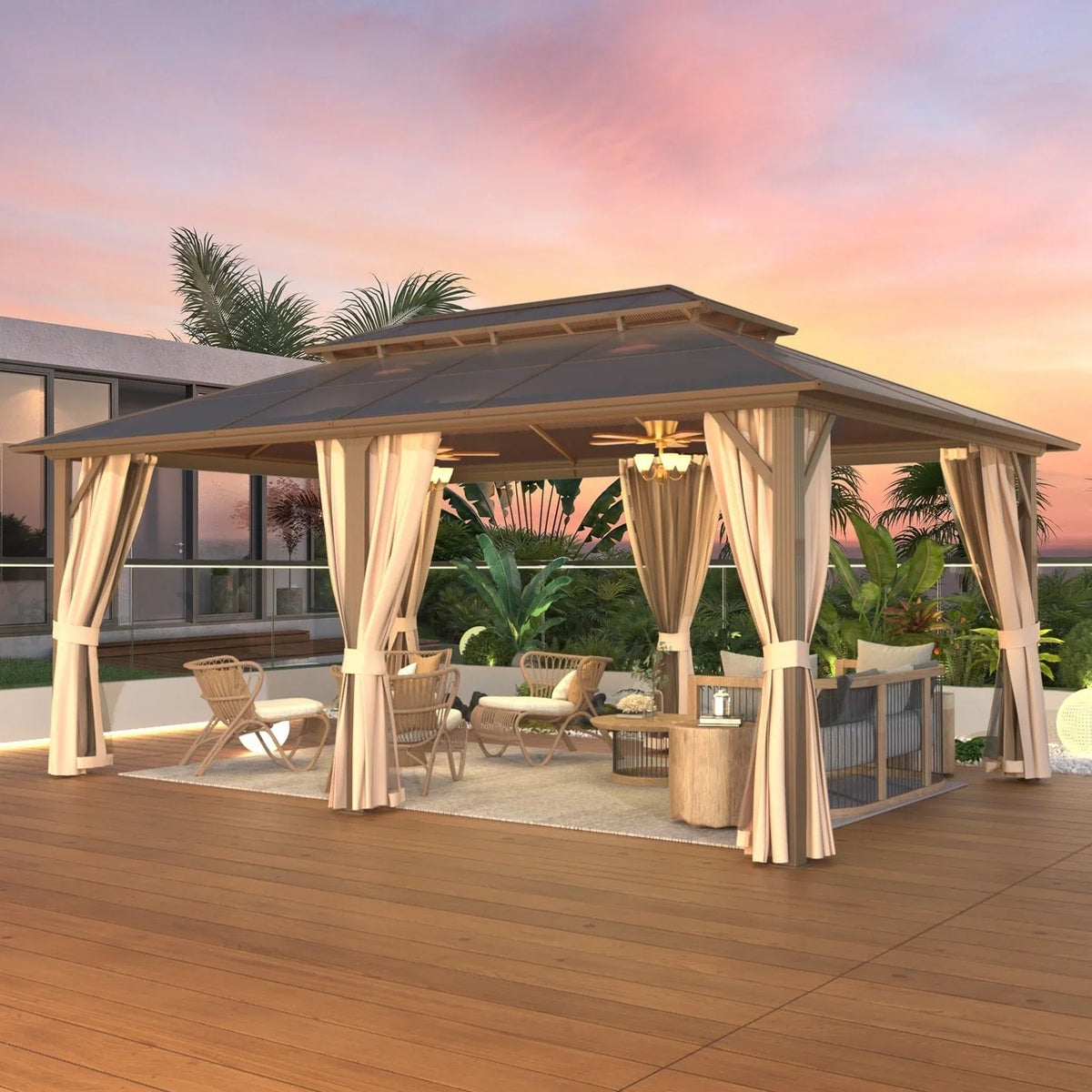 EROMMY Hardtop Gazebo,Outdoor Pergola with Double Roof & Netting & Curtains,Heavy Duty Canopy for Patio, Backyard, Pool party