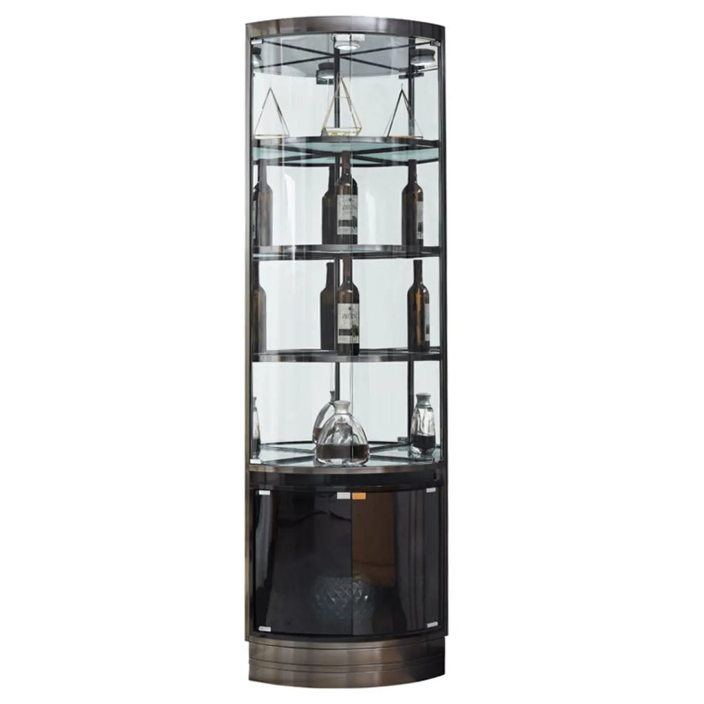 Eckschrank zur Aufbewahrung und Präsentation mit mehreren Ebenen aus Glas und Metall, Weinschrank