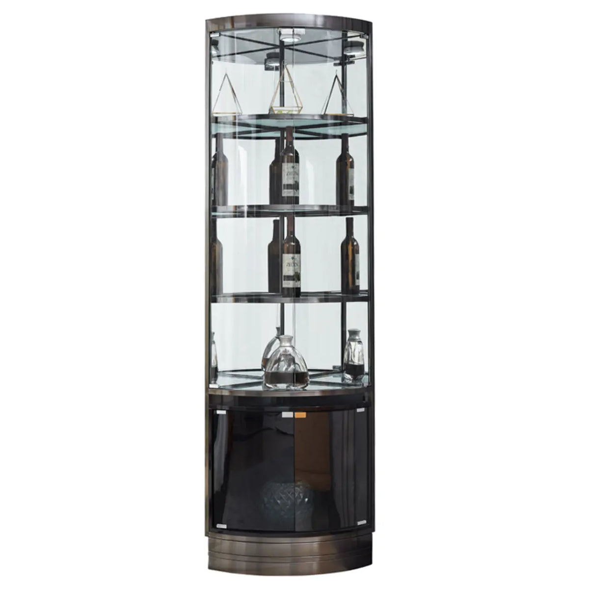 Eckschrank zur Aufbewahrung und Präsentation mit mehreren Ebenen aus Glas und Metall, Weinschrank