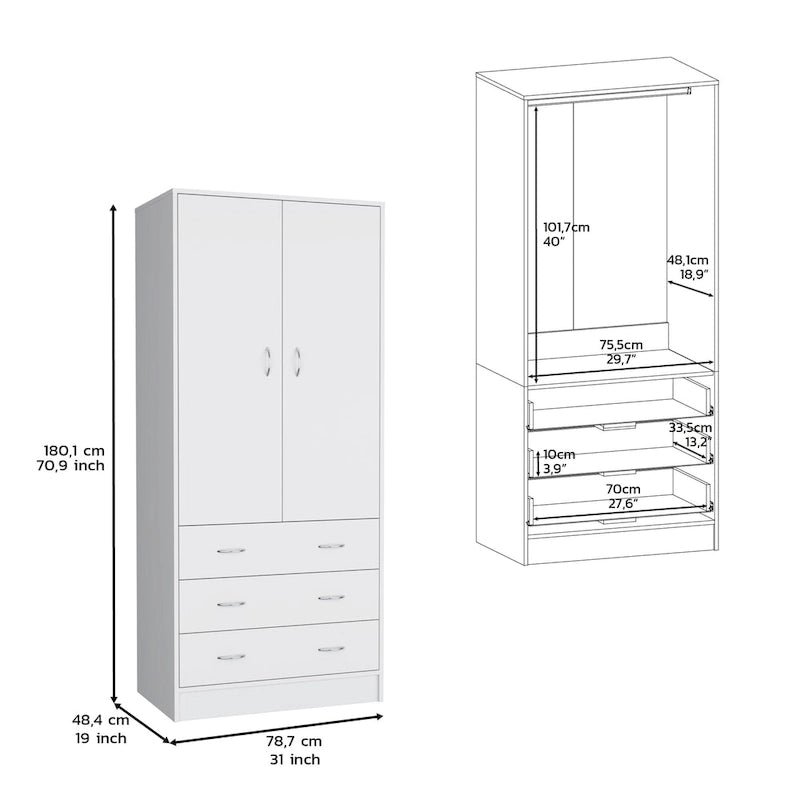 Moderner zweitüriger Kleiderschrank mit 3 Schubladen und 1 Kleiderstange fürs Schlafzimmer