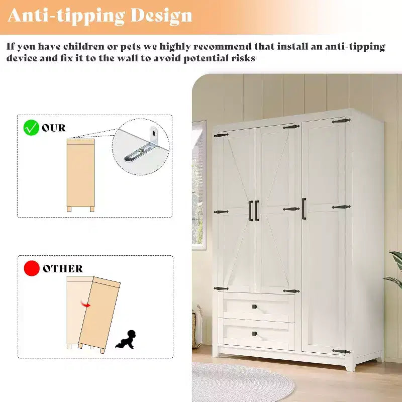 AMERLIFE 47-Zoll-Kleiderschrank im Landhausstil mit 3 Türen, 2 Schubladen, Kleiderstange und verstellbaren Regalen, freistehender Kleiderschrank-Organizer