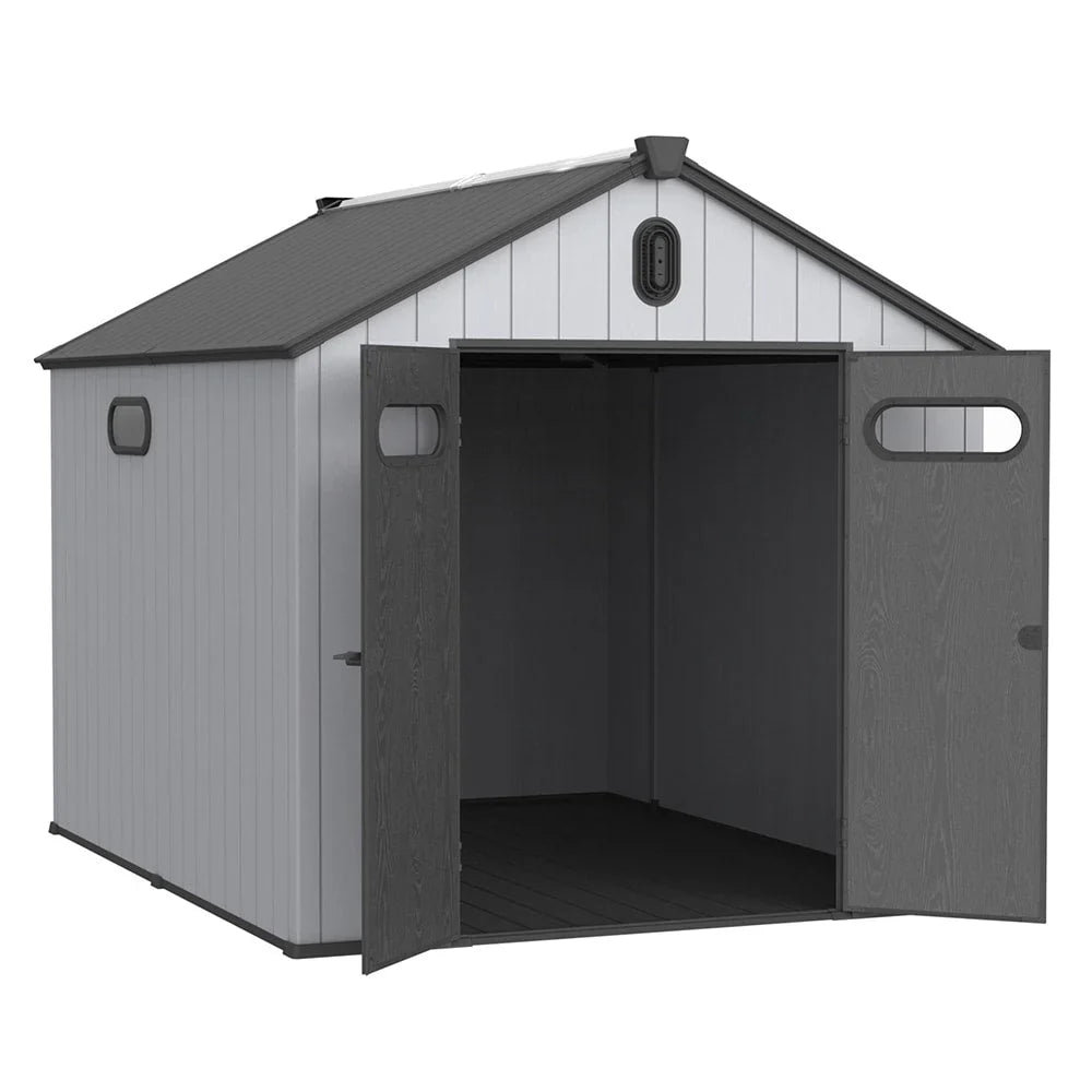 Opslagschuur van 6 ft x 4 ft/6 ft x 8 ft/8 ft x 6 ft/8 ft x 10 ft, weerbestendig kunststofhars voor buiten met vloer, gereedschapsschuur met puntdak