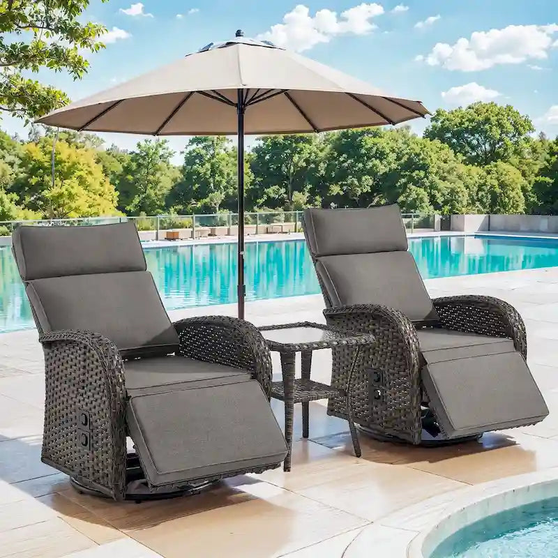 Pocassy 3-teiliges, vielseitiges Outdoor-Liegestuhl-Set mit Beistelltisch und grauem Polster