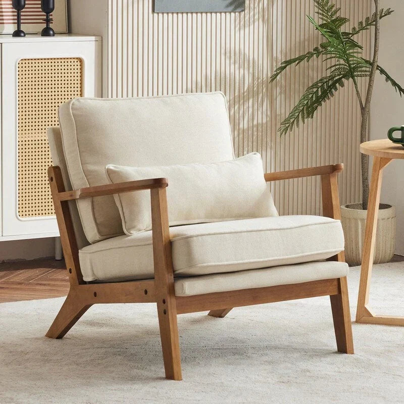 Polster-Sessel aus Leinenmischgewebe mit Holzbeinen und einem Kissen, Beige