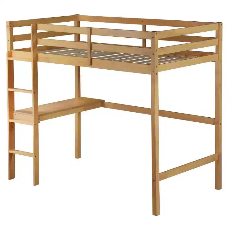 Okak Hochbett im minimalistischen Loft-Stil mit Leiter, Hochbett aus Gummibaumholz für eine Person mit Sicherheitsgeländer und integriertem Schreibtisch, Bettgestell für Kinder und Jugendliche