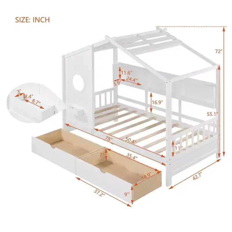 Holzhausbett in Twin-/Full-Größe mit 2 Schubladen, Kinderbett mit Ablagefach – ModernLuxe