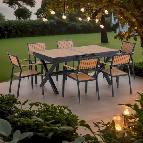 7-delige uitschuifbare eetset voor buiten met uitschuifbare tafel en 6 stoelen met armleuningen