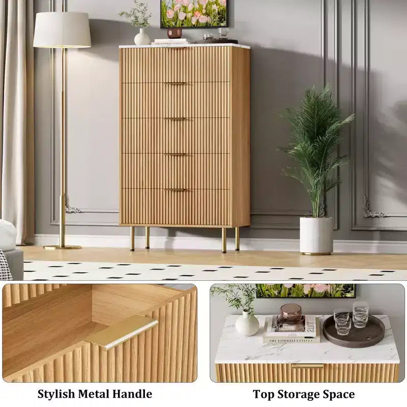 White / Marble & Wood 5-Drawer Dresser ?C Fluted Panel, for 1 Person Use