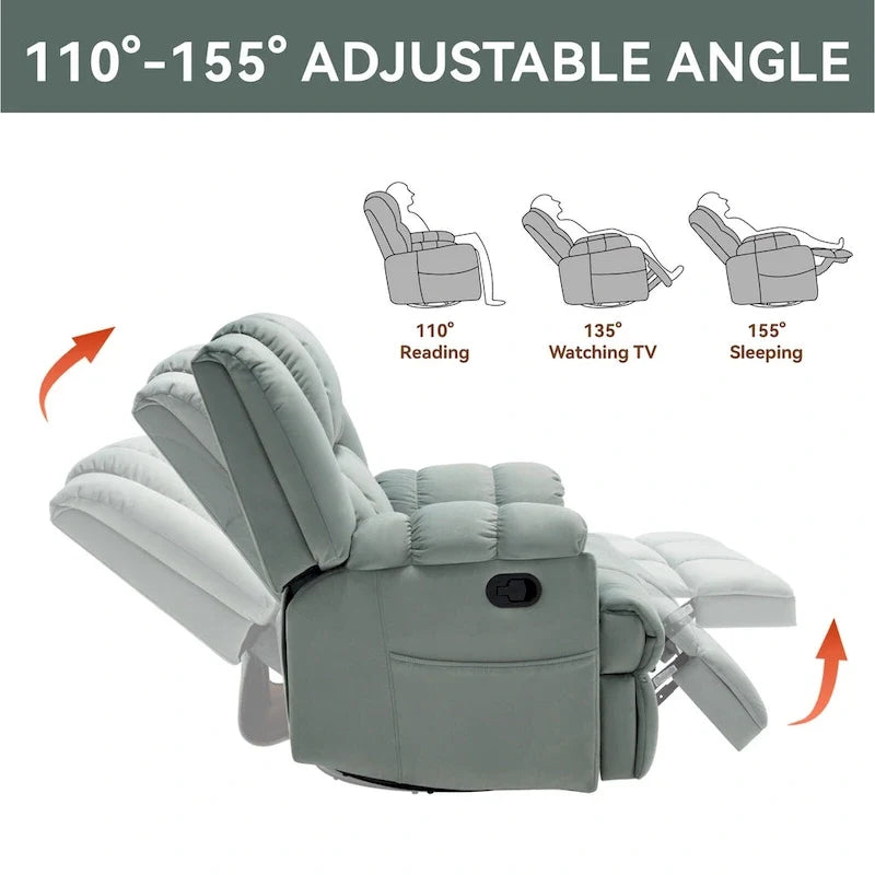 Green Oversized Manual Recliner with Swivel, Rocking, and Fabric Upholstery