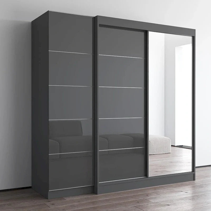 Armoire à 2 portes avec miroir, façade en verre, pour 2 personnes (gris / noir / blanc)