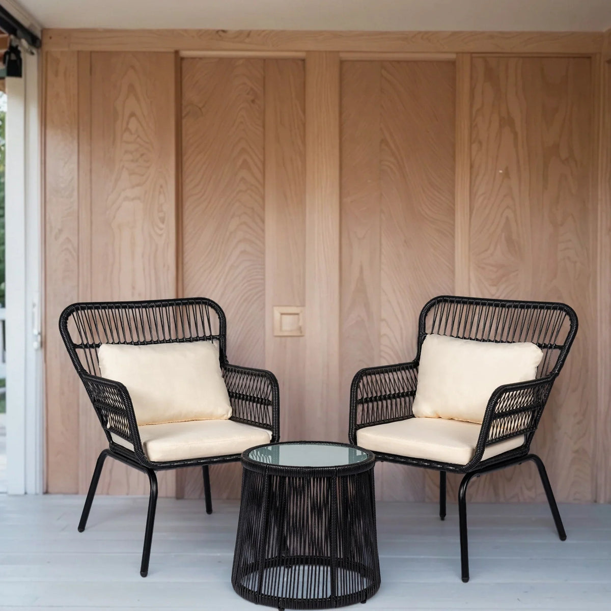 3-delige bistroset van wicker voor buiten, weerbestendige rotan tuinmeubelset met stoelen en kussens