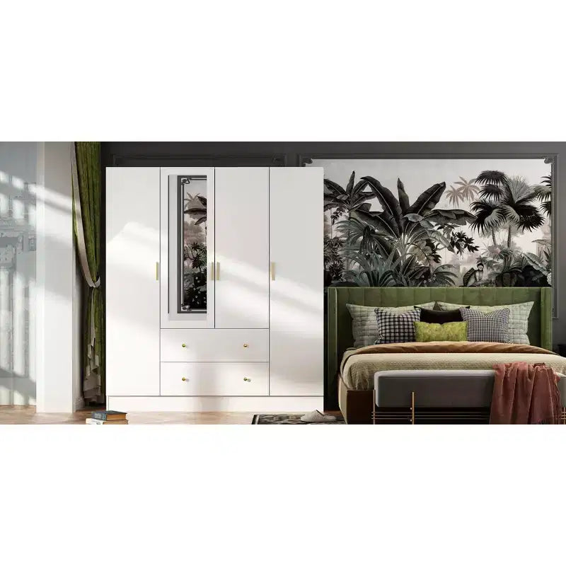 Armoire Hitow avec 2 grands tiroirs, espace central pour vêtements suspendus et miroir, style minimaliste