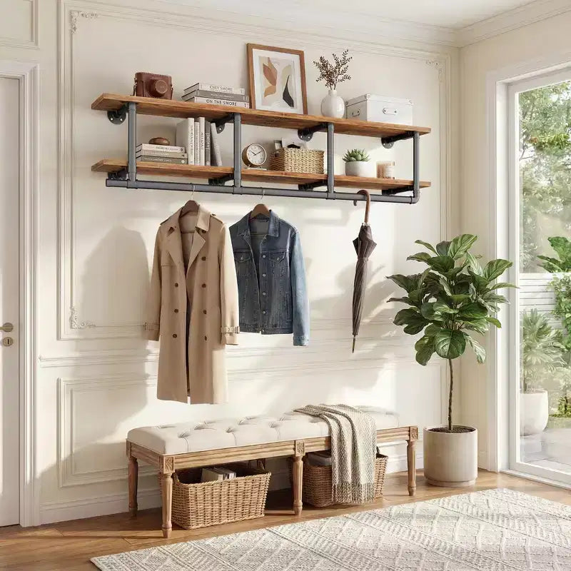 Portant à vêtements Besiost à 2 niveaux avec tringle, étagères à vêtements et étagère supérieure