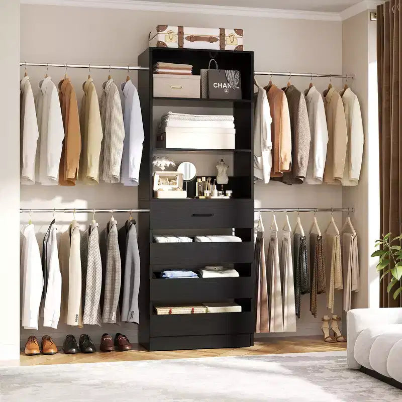 Besiost Holz-Kleiderschrank-Organizersystem für 1,2–2,7 m mit 4 Schubladen, 4 Kleiderstangen und Regaltürmen