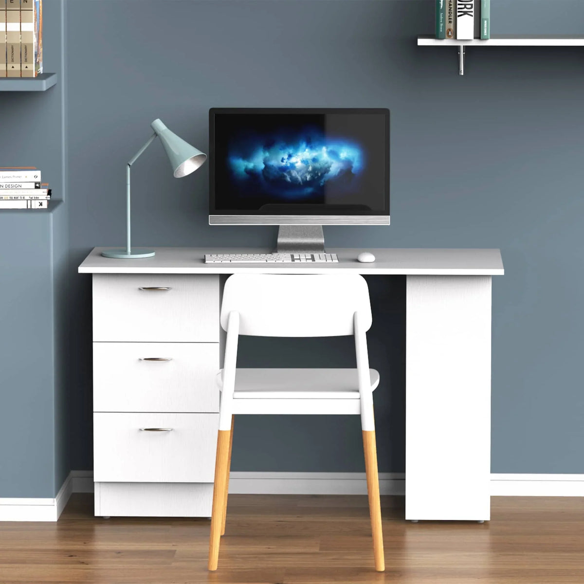 HOMCOM 47 Modern Home Office Computer Desk Bookcase Combo Writing Table Workstation with 3 Drawer and Storage Shelf - White