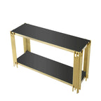 Console étroite à 2 niveaux avec structure en métal finition dorée et plateau en verre trempé