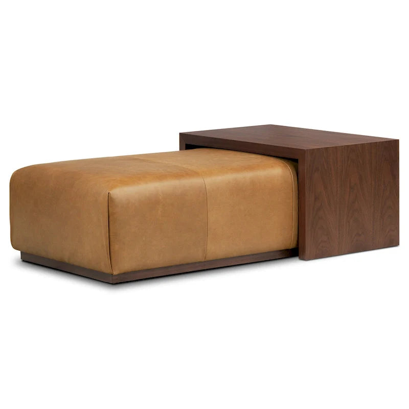 Pouf Poly & Bark Jarmo avec table en noyer réglable – véritable cuir italien pleine fleur