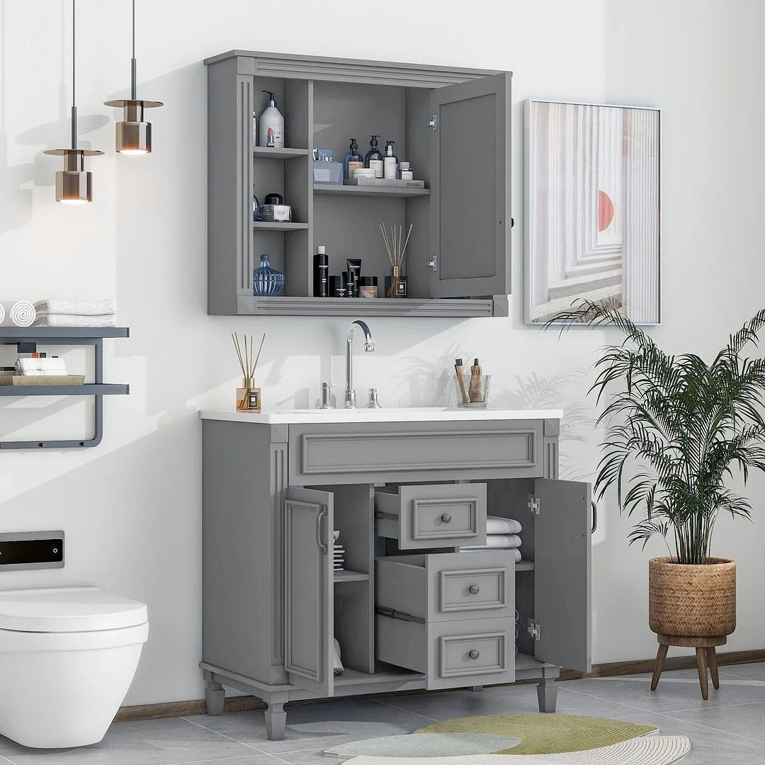 Meuble-lavabo moderne de salle de bains de 36 po avec vasque sur plan, armoire à miroir, 2 portes et 2 tiroirs