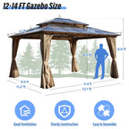EROMMY Pavillon mit festem Dach, Outdoor-Pergola mit Doppeldach, Netzvorhängen und Vorhängen, robustes Vordach für Terrasse, Garten und Poolpartys