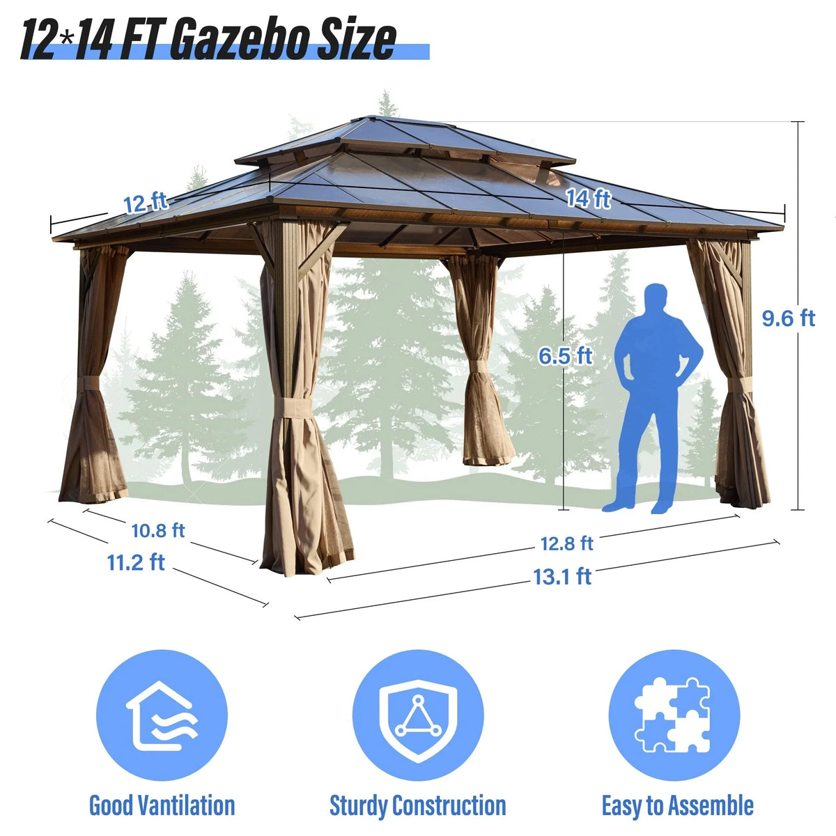 EROMMY Pavillon mit festem Dach, Outdoor-Pergola mit Doppeldach, Netzvorhängen und Vorhängen, robustes Vordach für Terrasse, Garten und Poolpartys