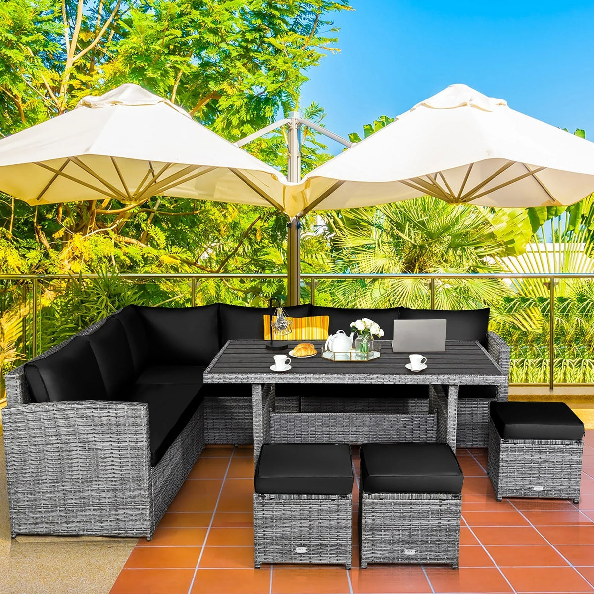 Costway Ensemble repas de jardin en rotin de 7 pièces, canapé d’angle, canapé et pouf — Voir les détails
